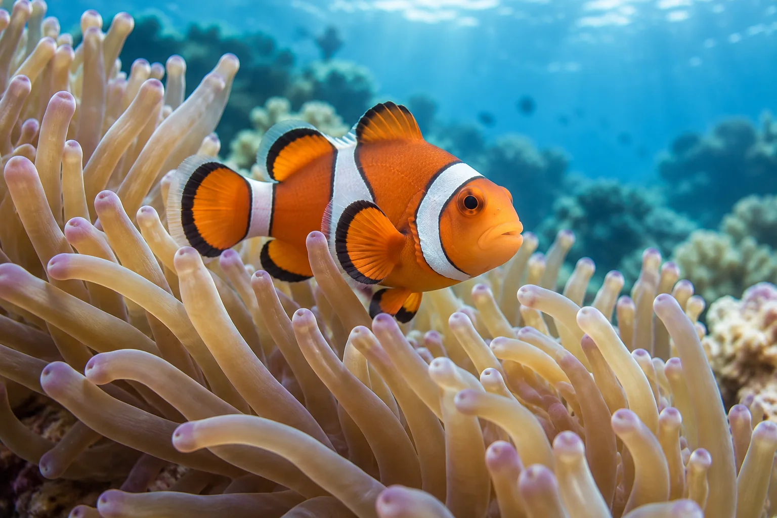 Illustration of an orange clownfish among the tentacles of a sea anemone.