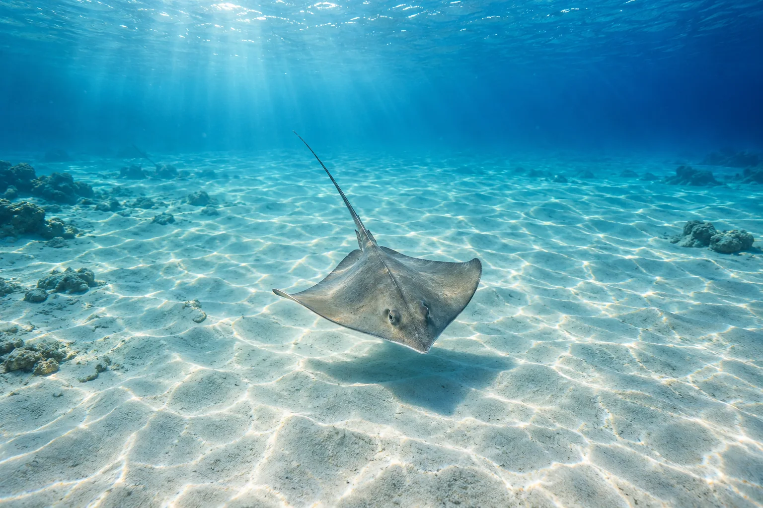 Illustration of a ray swimming above a sandy seabed in clear blue water.