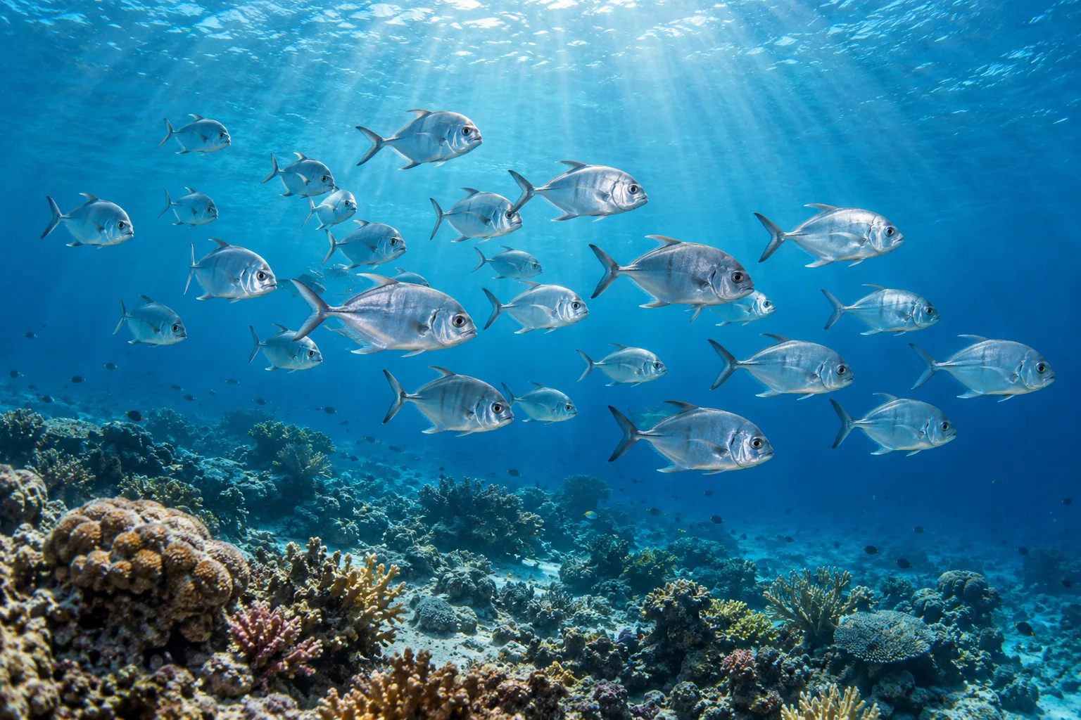 Illustration of a school of silvery fish swimming above a coral reef.